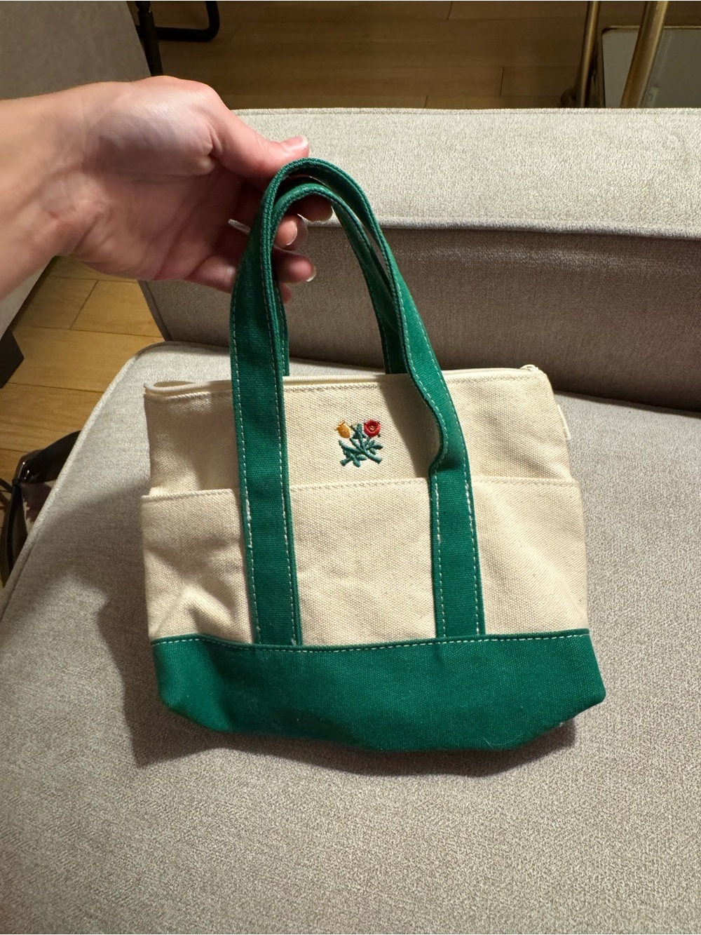 Aime Leon Dore Cream Canvas Tote with Green Trim and Small Floral Embroidery